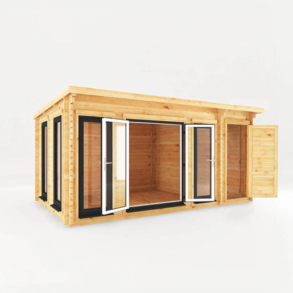 Mercia 5.1m x 3m Studio Pent Log Cabin With Side Shed - 44mm  (UPVC Windows & Door) - Grey