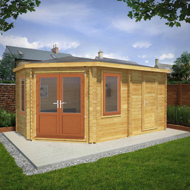 Mercia 16 x 10 Corner Lodge Log Cabin With Side Shed - 44mm (UPVC Windows & Door) - Oak