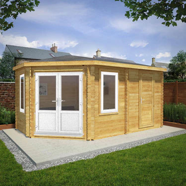 Mercia 16 x 10 Corner Lodge Log Cabin With Side Shed - 44mm (UPVC Windows & Door) - White