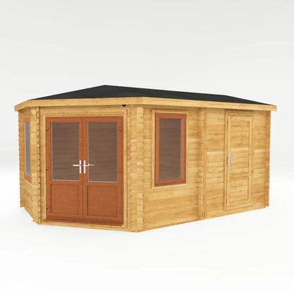 Mercia 5m x 3m Corner Lodge Log Cabin With Side Shed - 44mm (UPVC Windows & Door) - Oak
