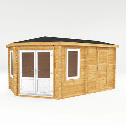 Mercia 5m x 3m Corner Lodge Log Cabin With Side Shed - 44mm (UPVC Windows & Door) - White