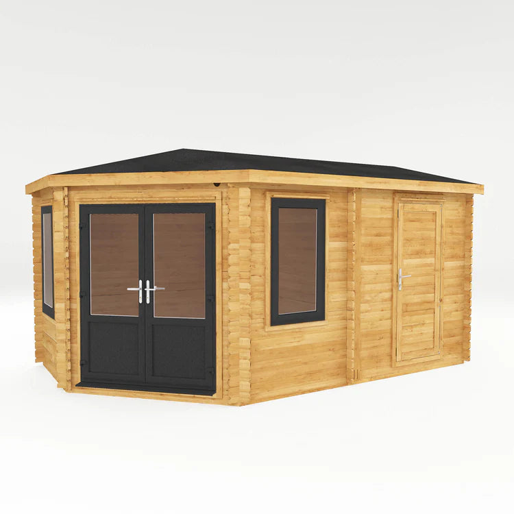 Mercia 5m x 3m Corner Lodge Log Cabin With Side Shed - 44mm (UPVC Windows & Door) - Grey