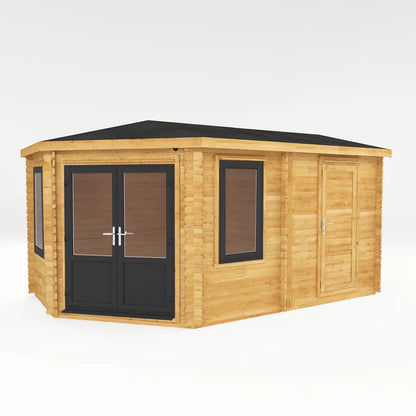 Mercia 5m x 3m Corner Lodge Log Cabin With Side Shed - 44mm (UPVC Windows & Door) - Grey