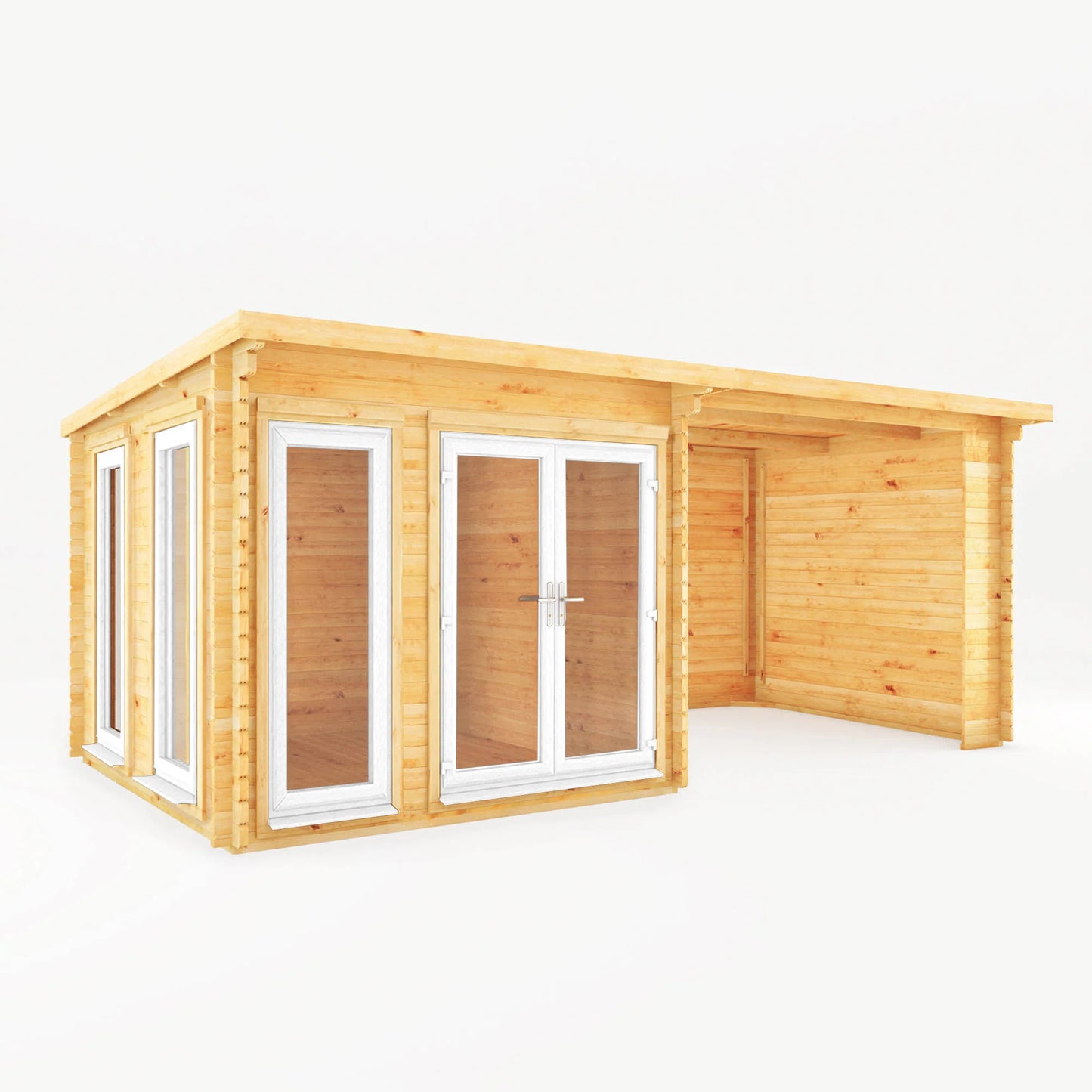 Mercia 6m x 3m Studio Pent Log Cabin With Patio Area - 44mm (UPVC Windows & Door) - White