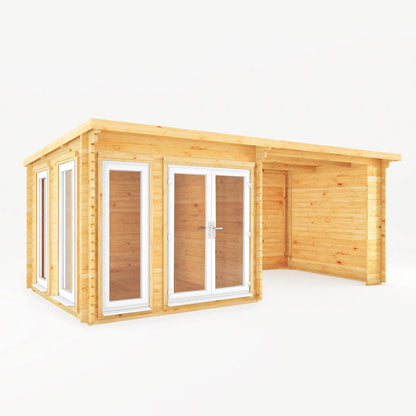 Mercia 6m x 3m Studio Pent Log Cabin With Patio Area - 44mm (UPVC Windows & Door) - White