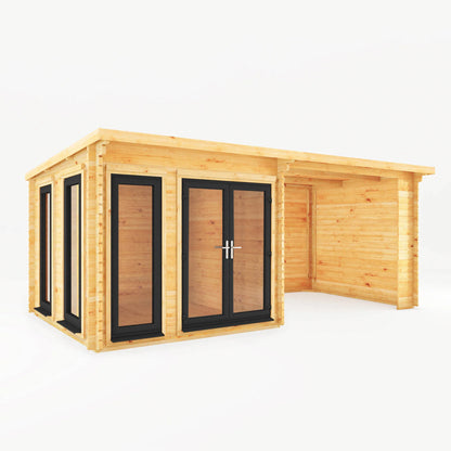 Mercia 6m x 3m Studio Pent Log Cabin With Patio Area - 44mm (UPVC Windows & Door) - Grey