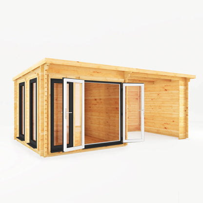 Mercia 6m x 3m Studio Pent Log Cabin With Patio Area - 44mm (UPVC Windows & Door) - Grey