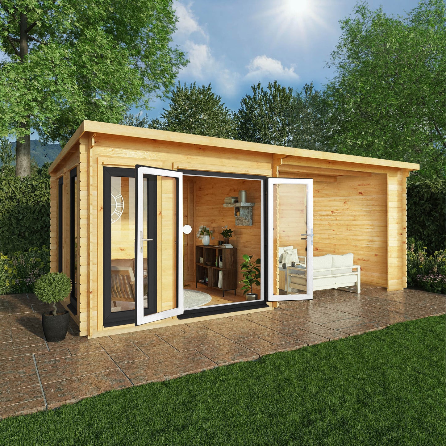 Mercia 6m x 3m Studio Pent Log Cabin With Patio Area - 44mm (UPVC Windows & Door) - Grey