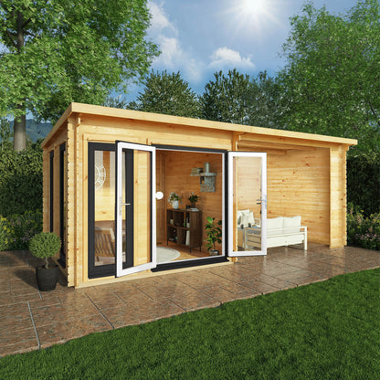 Mercia 6m x 3m Studio Pent Log Cabin With Patio Area - 44mm (UPVC Windows & Door) - Grey