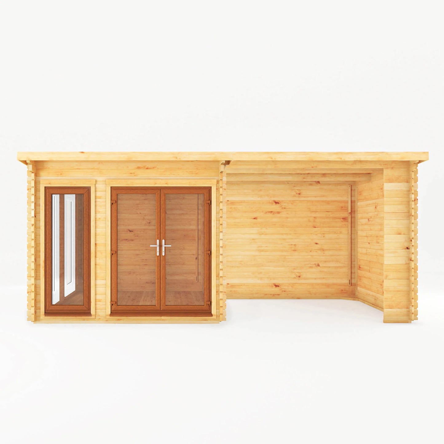 Mercia 6m x 3m Studio Pent Log Cabin With Patio Area - 44mm (UPVC Windows & Door) - Oak