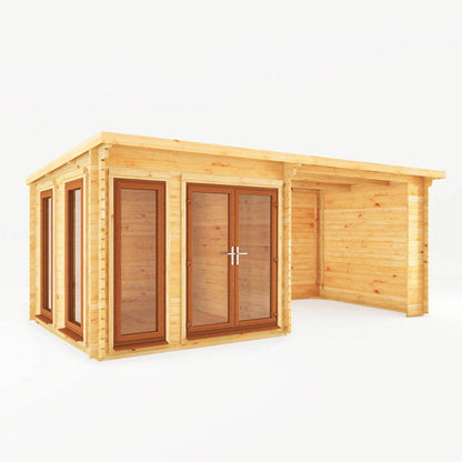 Mercia 6m x 3m Studio Pent Log Cabin With Patio Area - 44mm (UPVC Windows & Door) - Oak