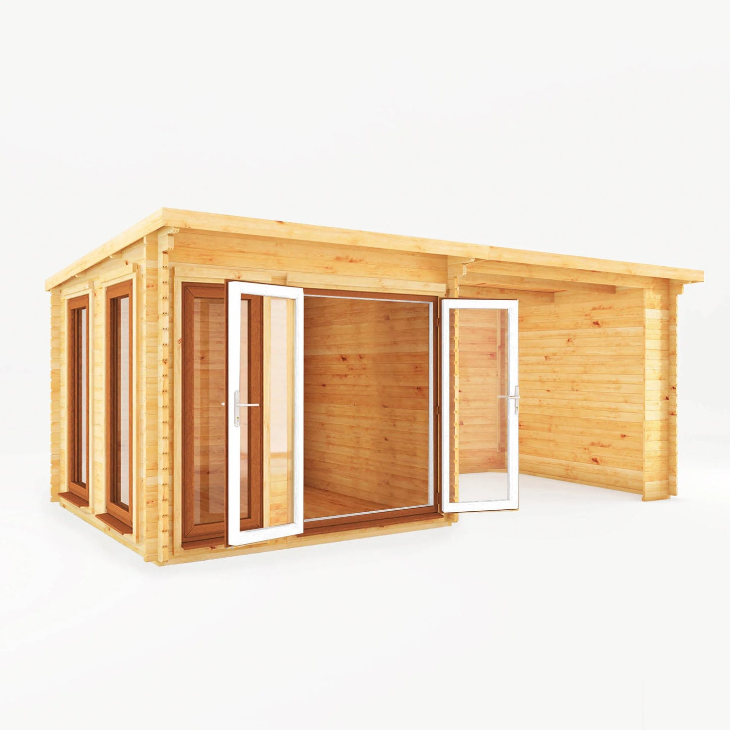 Mercia 6m x 3m Studio Pent Log Cabin With Patio Area - 44mm (UPVC Windows & Door) - Oak