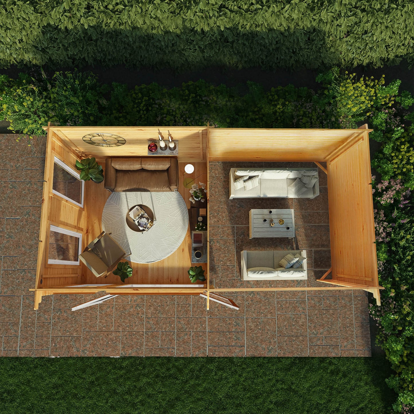 Mercia 6m x 3m Studio Pent Log Cabin With Patio Area - 44mm (UPVC Windows & Door) - Oak
