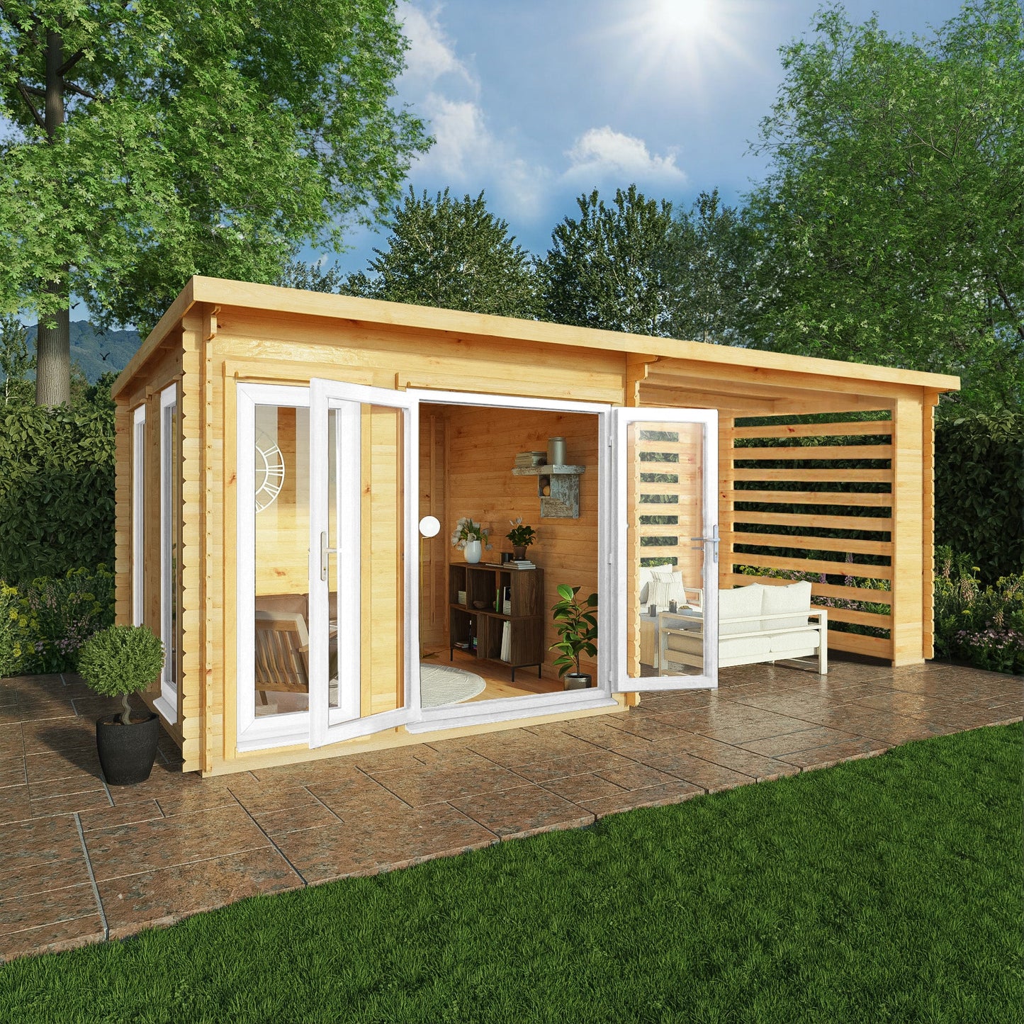 Mercia 6m x 3m Studio Pent Log Cabin With Slatted Area - 44mm (UPVC Windows & Door) - White