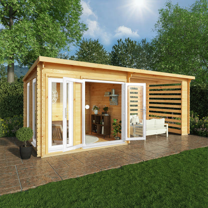 Mercia 6m x 3m Studio Pent Log Cabin With Slatted Area - 44mm (UPVC Windows & Door) - White