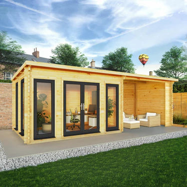 Mercia 7m x 3m Studio Pent Log Cabin With Patio Area - 44mm (UPVC Windows & Door) - Grey