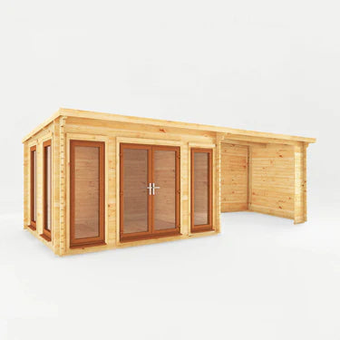 Mercia 7m x 3m Studio Pent Log Cabin With Patio Area - 44mm (UPVC Windows & Door) - Oak