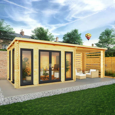 Mercia 7m x 3m Studio Pent Log Cabin With Slatted Area - 44mm (UPVC Windows & Door) - Grey
