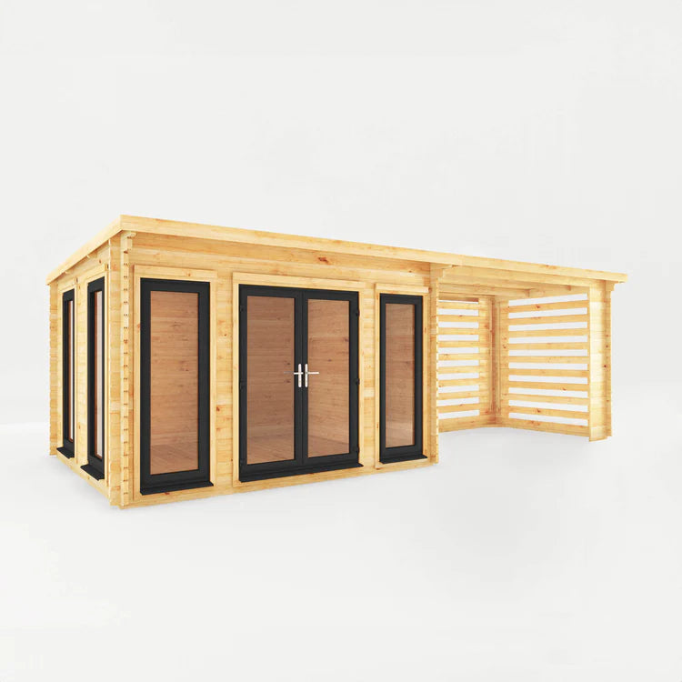 Mercia 7m x 3m Studio Pent Log Cabin With Slatted Area - 44mm (UPVC Windows & Door) - Grey