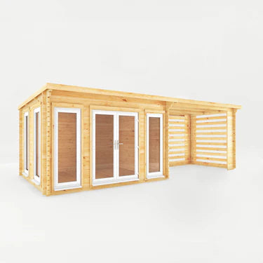 Mercia 7m x 3m Studio Pent Log Cabin With Slatted Area - 44mm (UPVC Windows & Door) - White