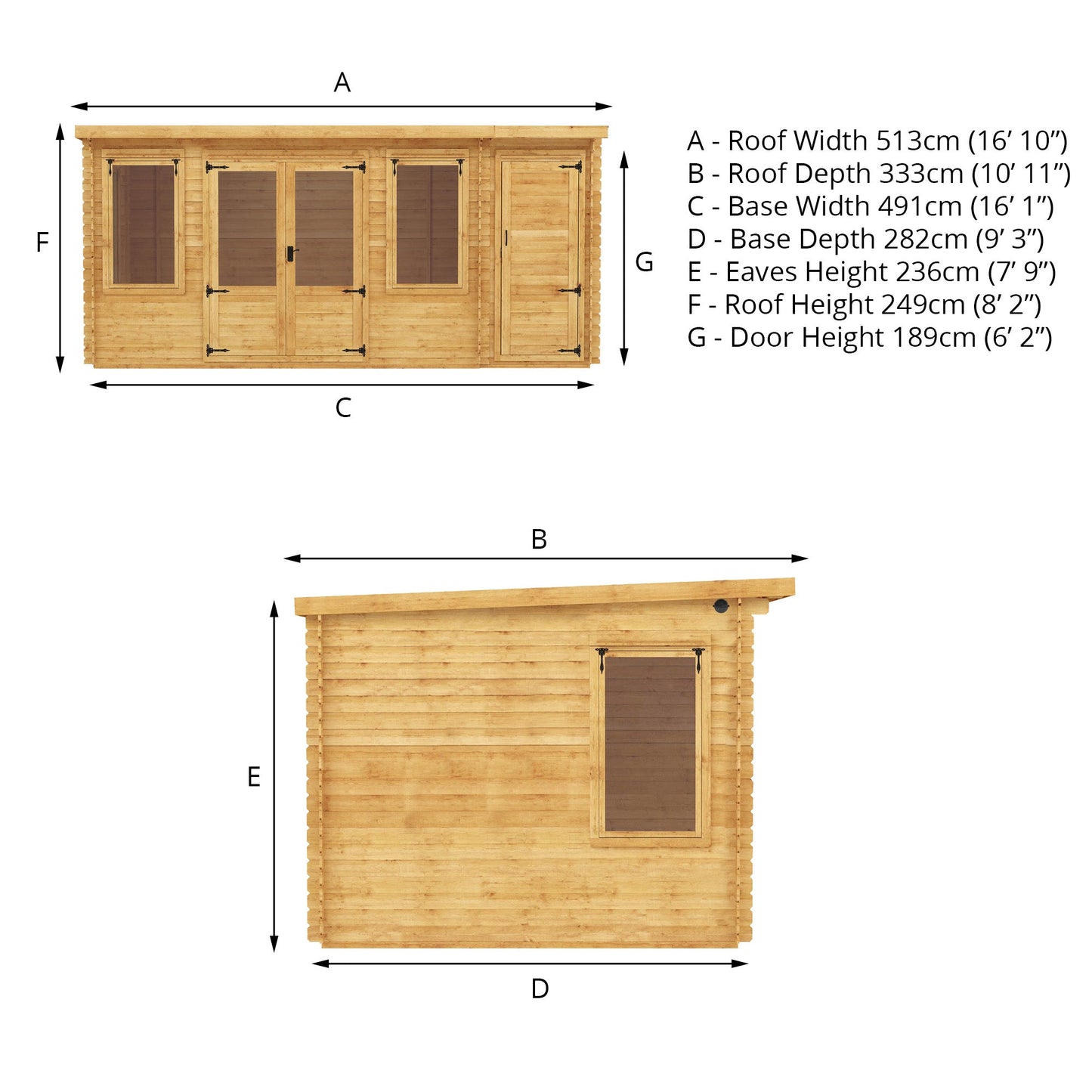 Mercia 5.1m x 3m Pent Log Cabin With Side Shed - 19mm