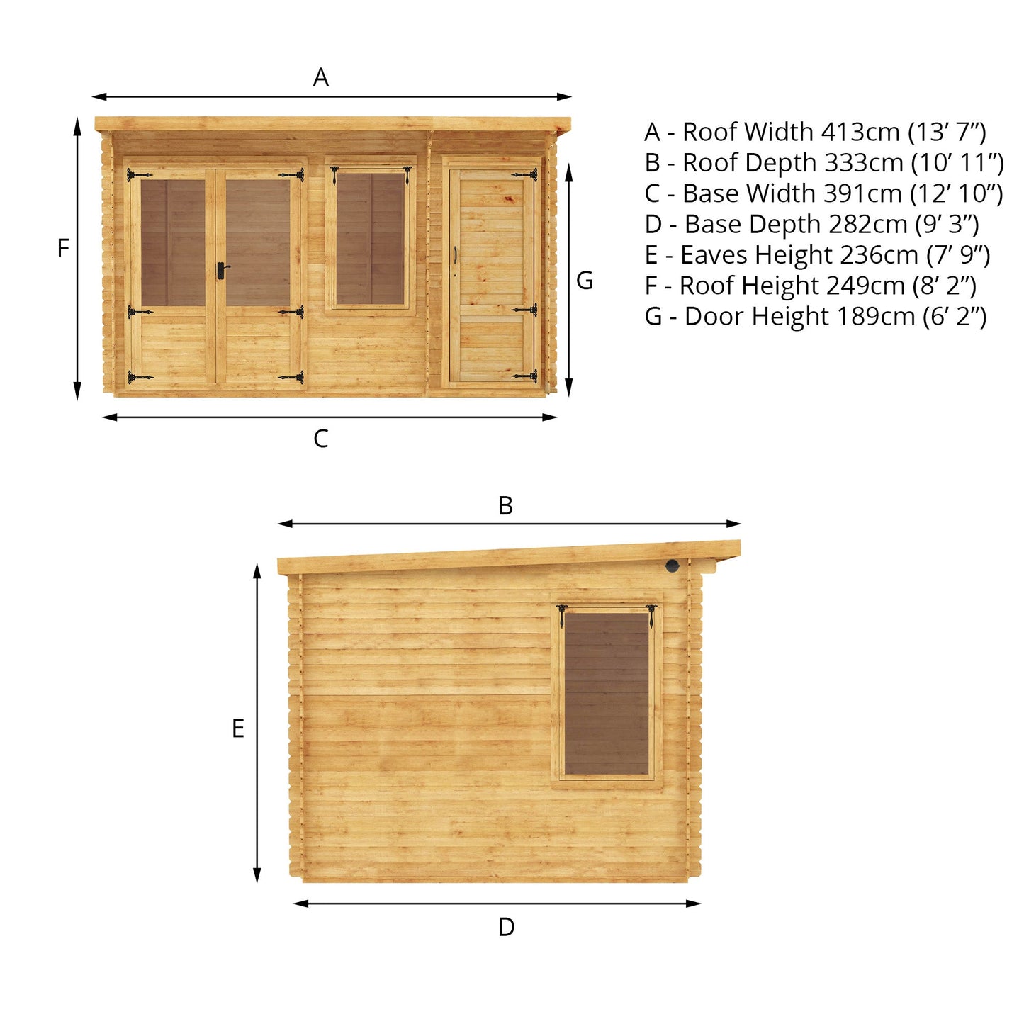 Mercia 4.1m x 3m Pent Log Cabin With Side Shed - 19mm