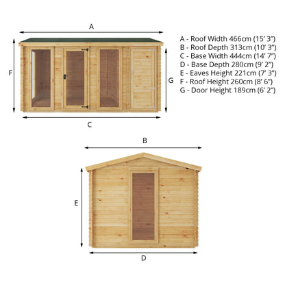 Mercia 4.6m x 3m Reverse Apex Log Cabin With Side Shed - 19mm