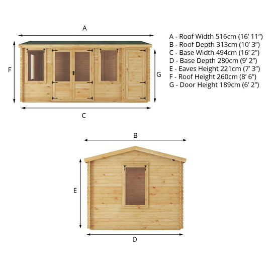 Mercia 5.1m x 3m Reverse Apex Log Cabin With Side Shed - 19mm