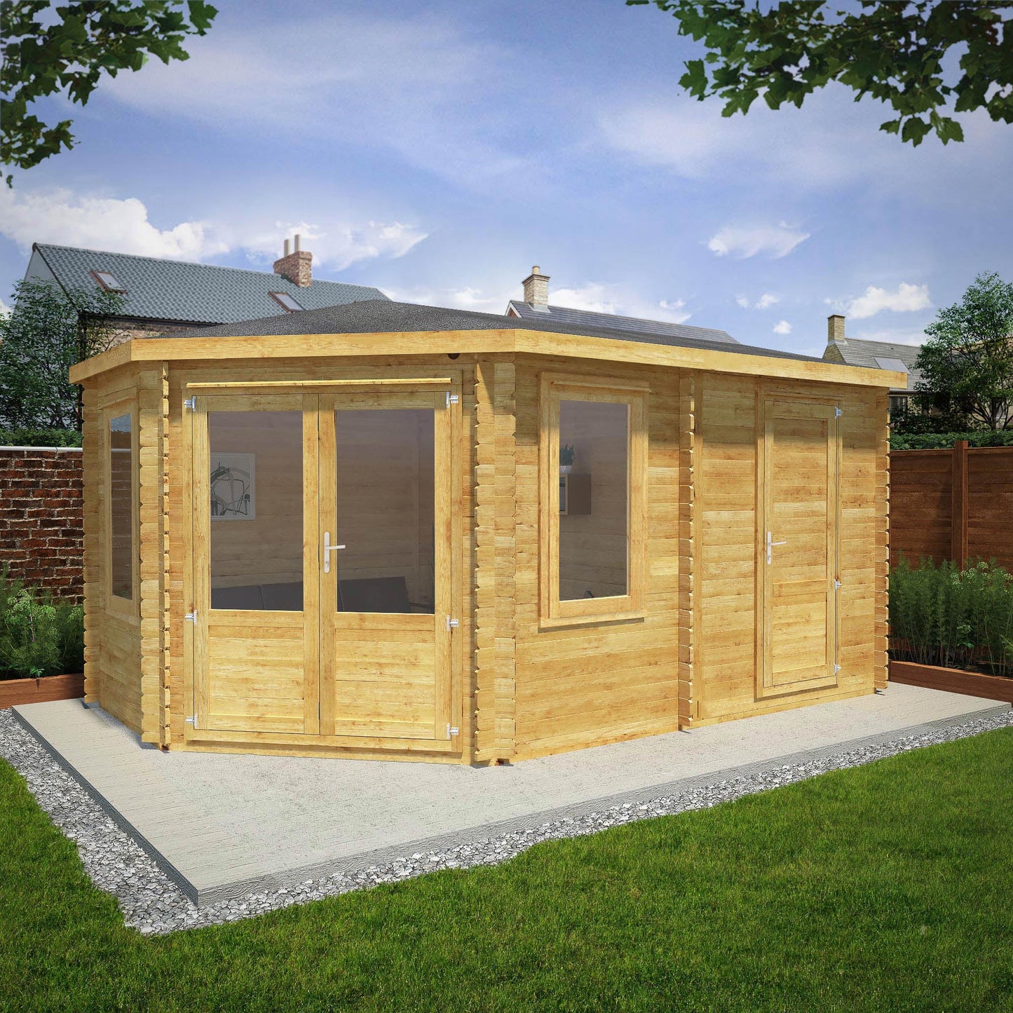 Mercia 5m x 3m Corner Lodge Log Cabin With Side Shed - 28mm