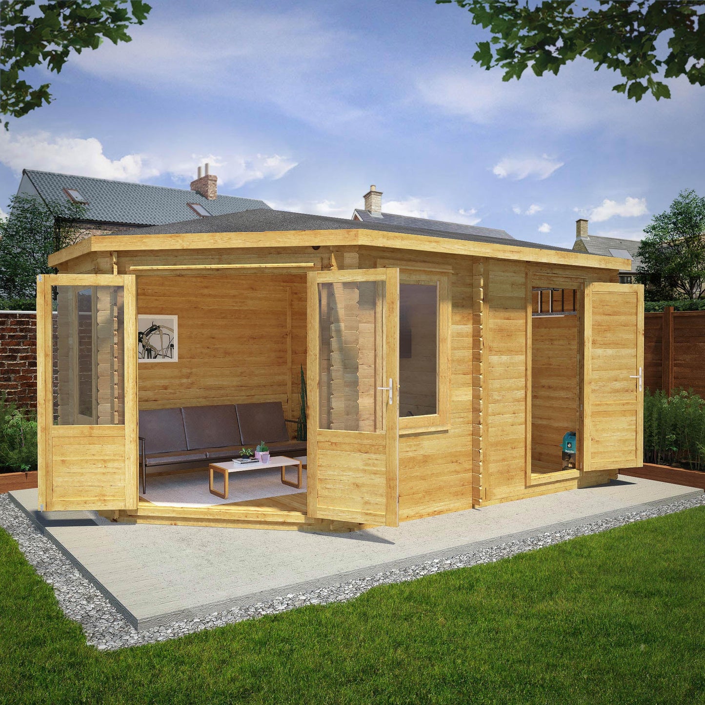 Mercia 5m x 3m Corner Lodge Log Cabin With Side Shed - 28mm