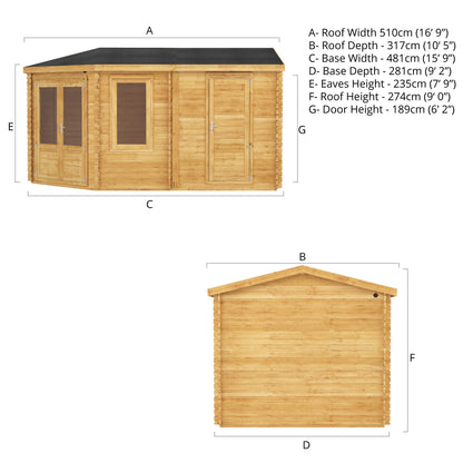 Mercia 5m x 3m Corner Lodge Log Cabin With Side Shed - 28mm