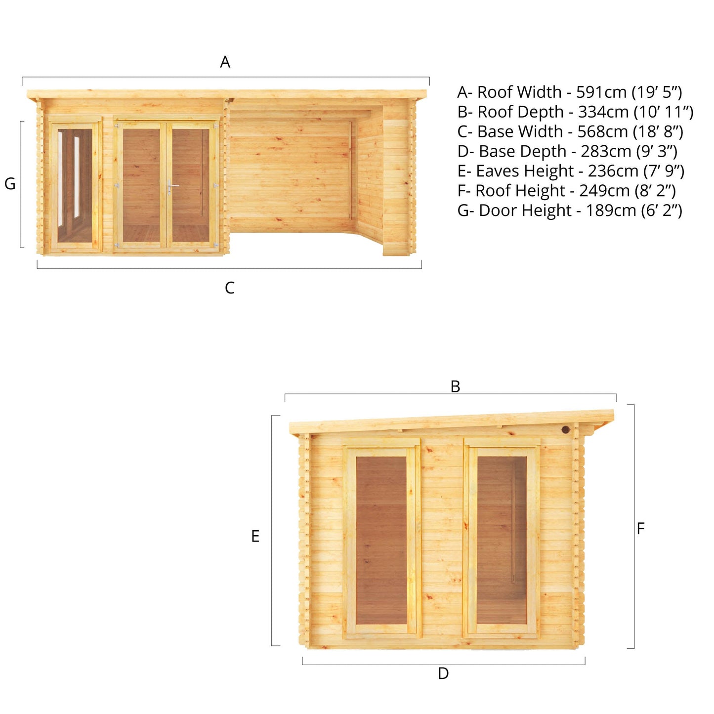 Mercia 6m x 3m Studio Pent Log Cabin With Patio Area - 28mm