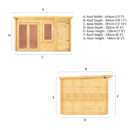 Mercia 4.1m x 3m Elite Pent Log Cabin With Side Shed - 28mm