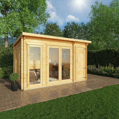 Mercia 4.1m x 3m Studio Pent Log Cabin With Side Shed - 28mm