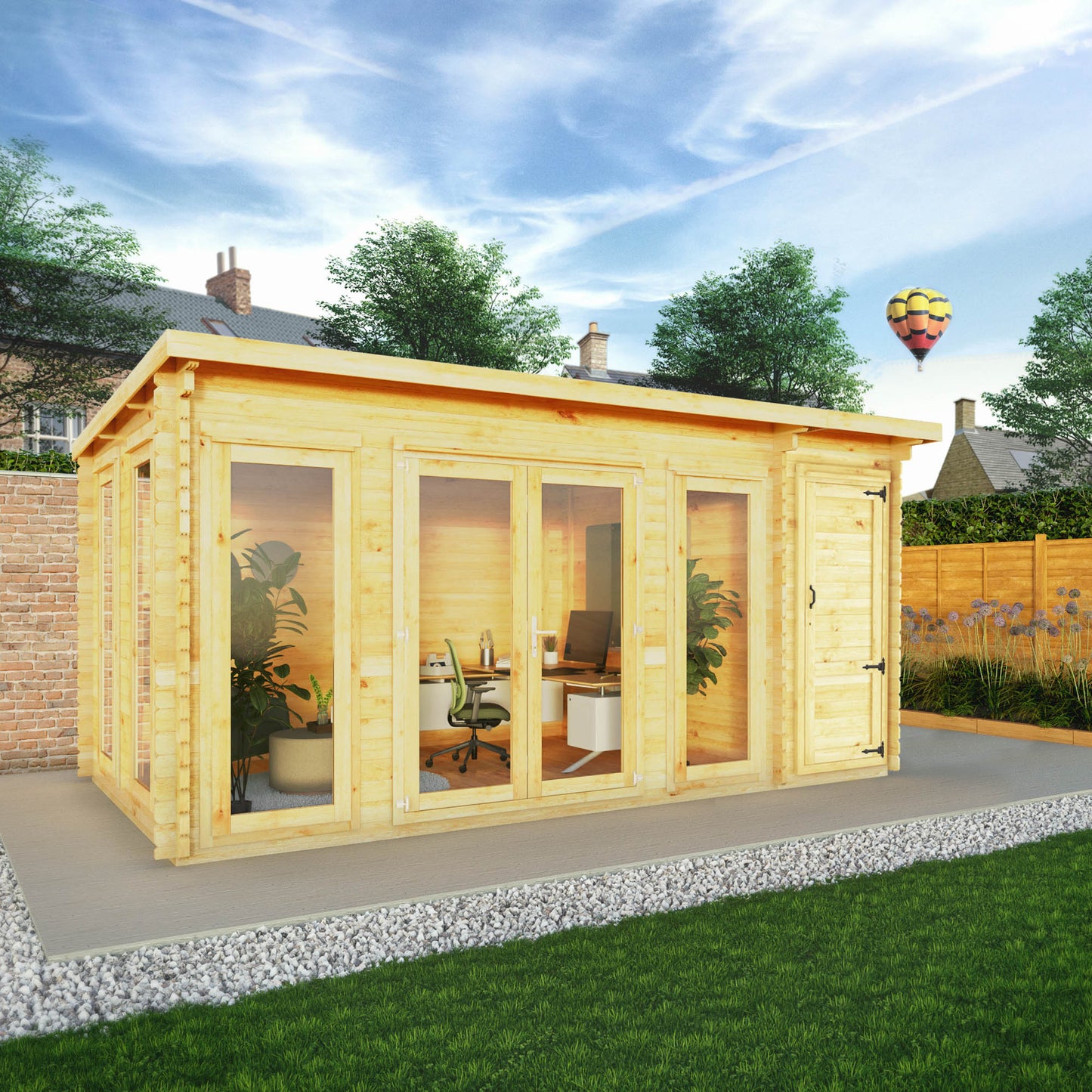 Mercia 5.1m x 3m Studio Pent Log Cabin With Side Shed - 28mm