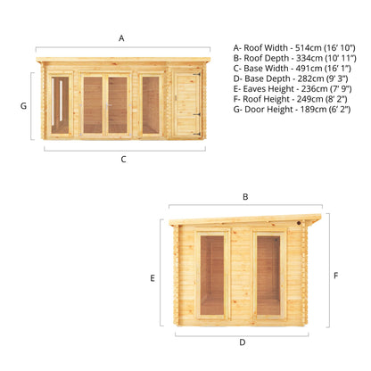 Mercia 5.1m x 3m Studio Pent Log Cabin With Side Shed - 28mm