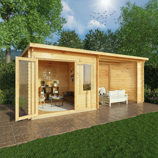 Mercia 6m x 3m Elite Pent Log Cabin With Patio Area - 28mm