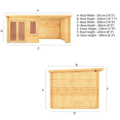 Mercia 6m x 3m Elite Pent Log Cabin With Patio Area - 28mm