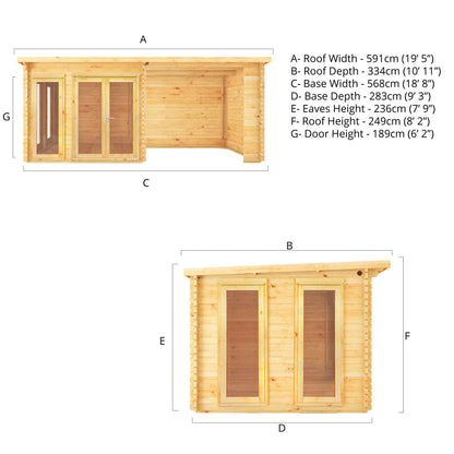 Mercia 6m x 3m Studio Pent Log Cabin With Patio Area - 34mm