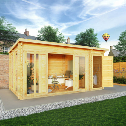 Mercia 5.1m x 3m Studio Pent Log Cabin Wth Side Shed - 34mm