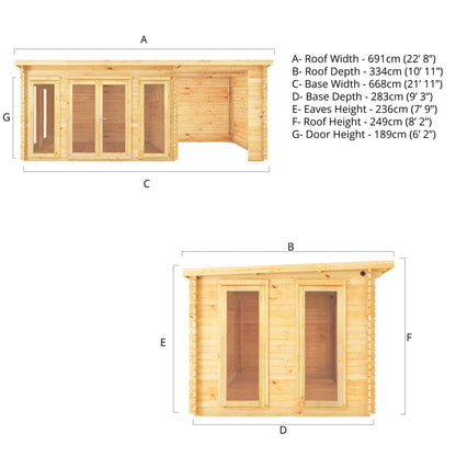 Mercia 7m x 3m Studio Pent Log Cabin With Patio Area - 34mm