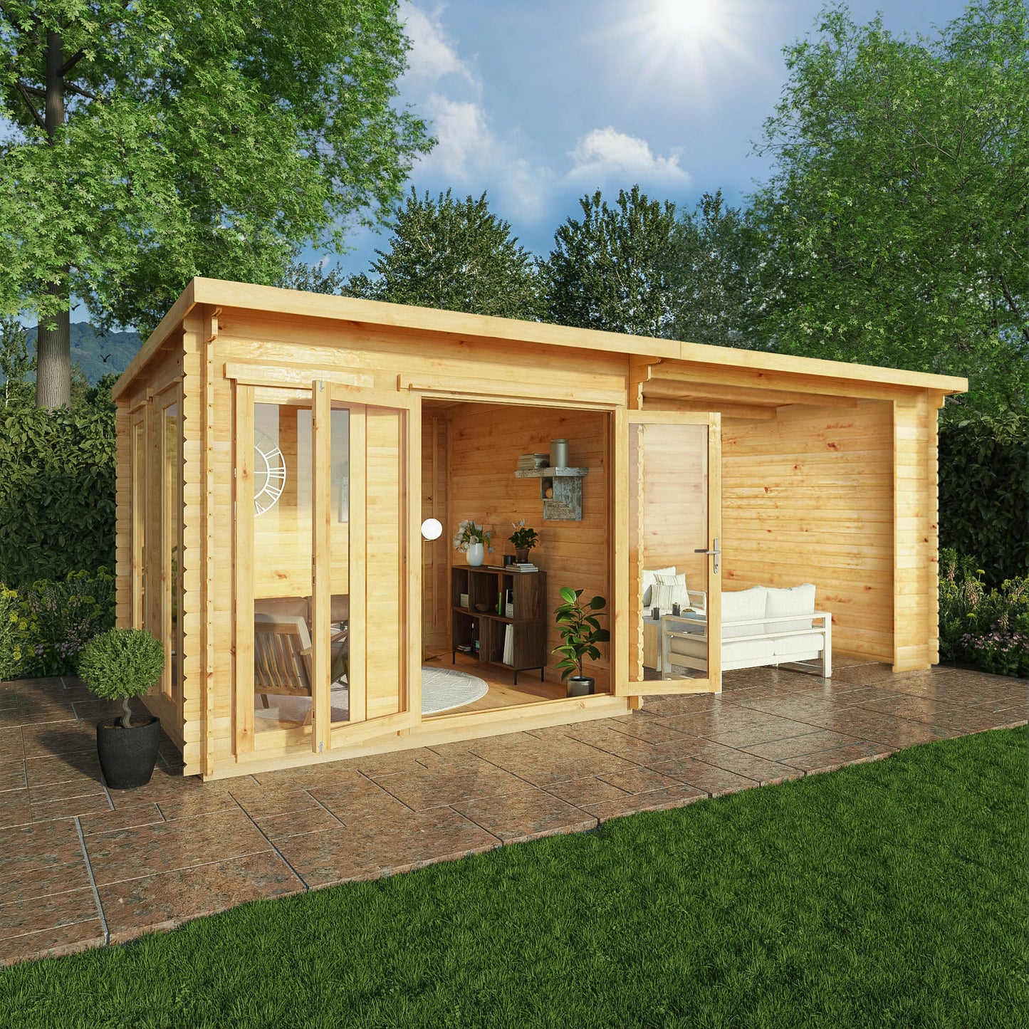 Mercia 6m x 3m Studio Pent Log Cabin With Patio Area - 44mm