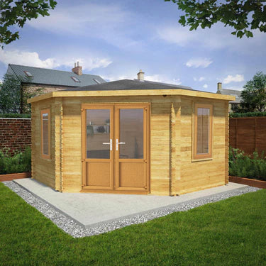 Mercia 13 x 13 Corner Cabin - 44mm (UPVC Windows & Door) - Oak
