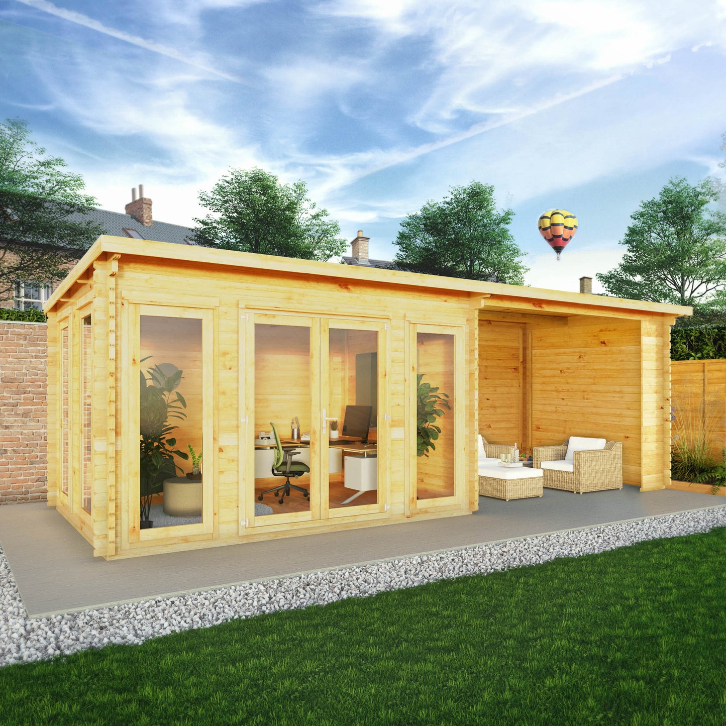 Mercia 7m x 3m Studio Pent Log Cabin With Patio Area - 44mm