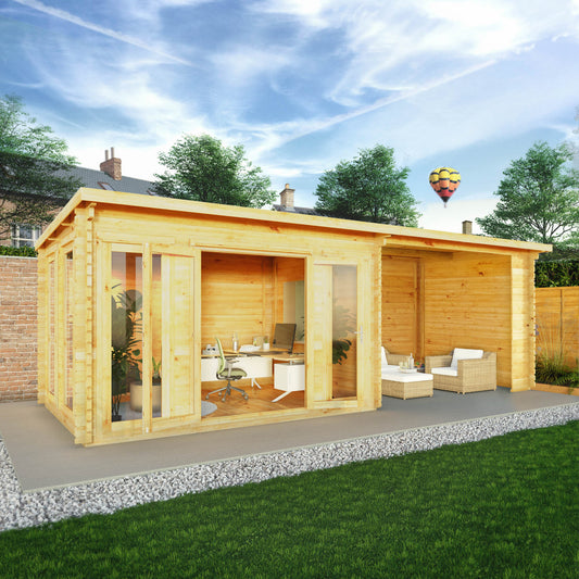 Mercia 7m x 3m Studio Pent Log Cabin With Patio Area - 44mm