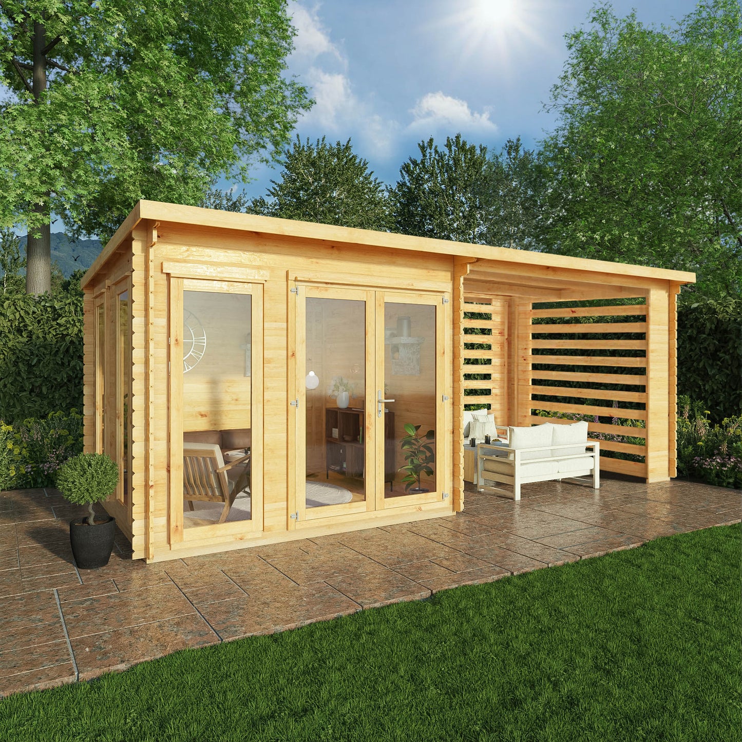 Mercia 6m x 3m Studio Pent Log Cabin With Slatted Area - 44mm