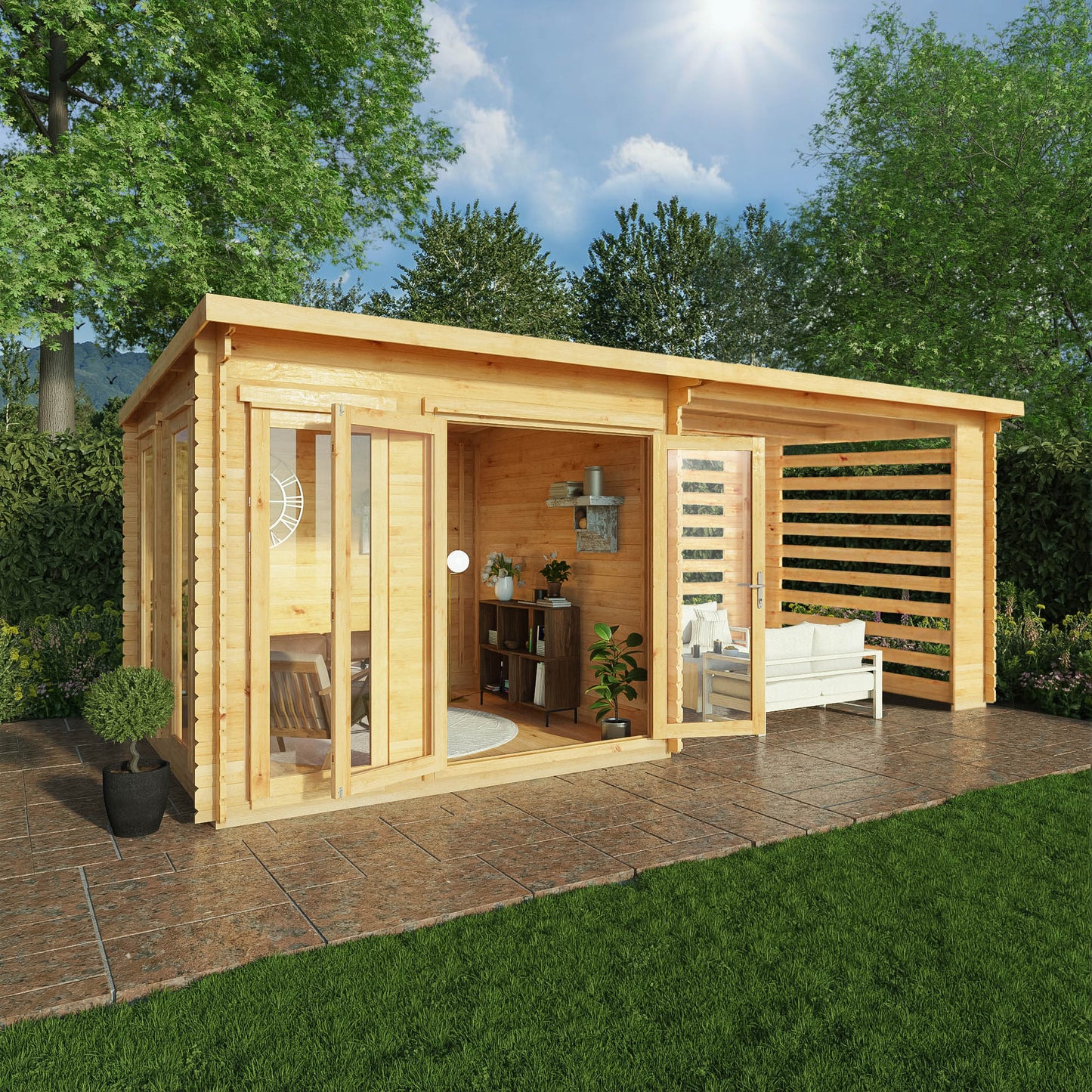 Mercia 6m x 3m Studio Pent Log Cabin With Slatted Area - 44mm