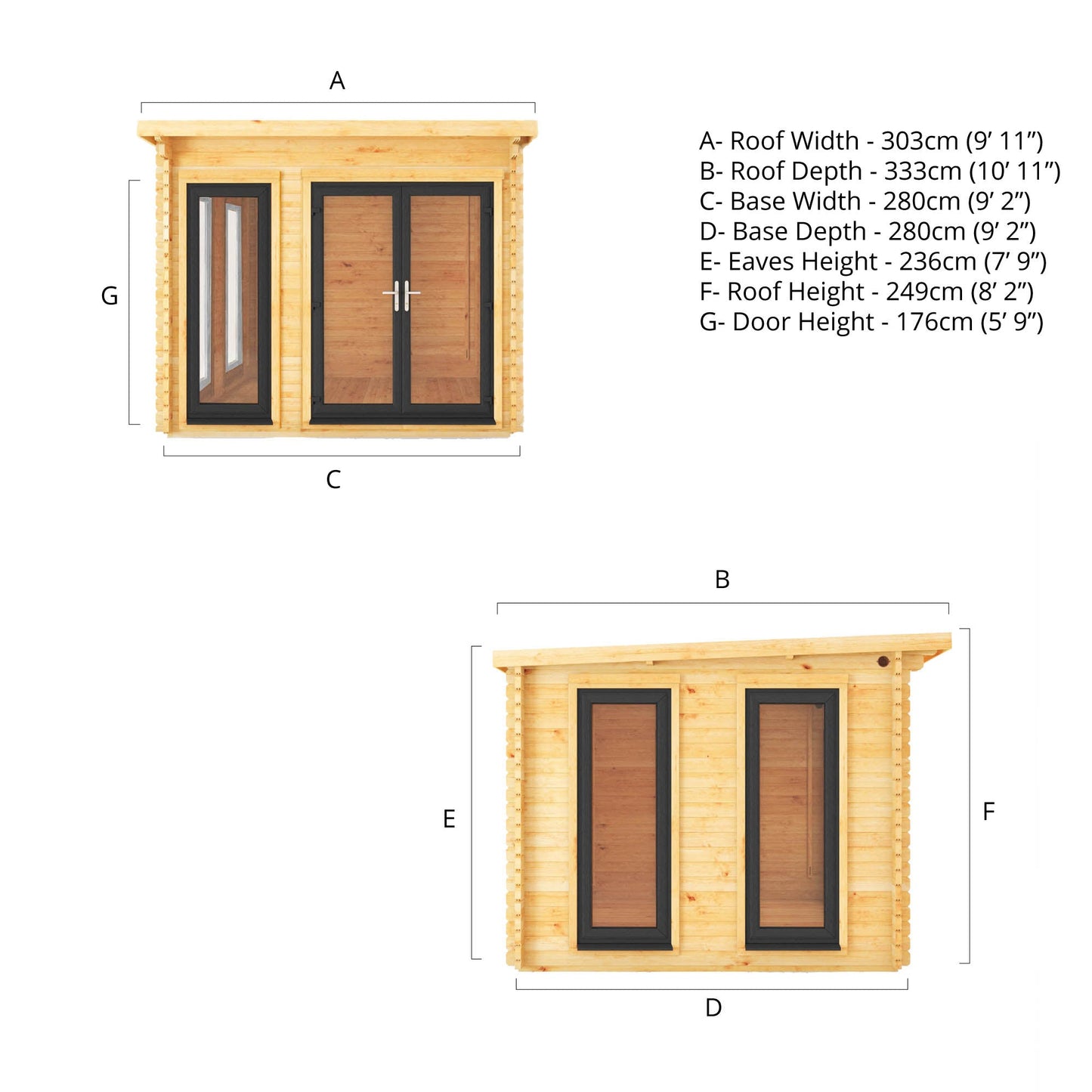Mercia 3m x 3m Studio Pent Log Cabin - 44mm - (UPVC Windows & Doors) - Grey