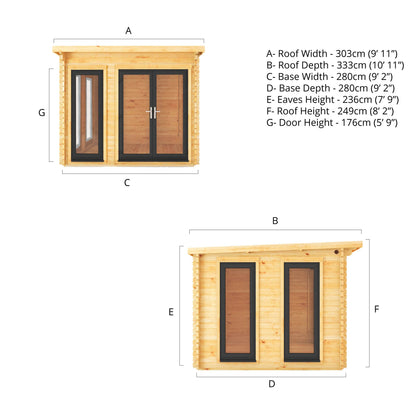 Mercia 3m x 3m Studio Pent Log Cabin - 44mm - (UPVC Windows & Doors) - Grey