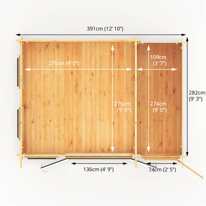 Mercia 4.1m x 3m Studio Pent Log Cabin With Side Shed - 44mm  (UPVC Windows & Door) - Grey